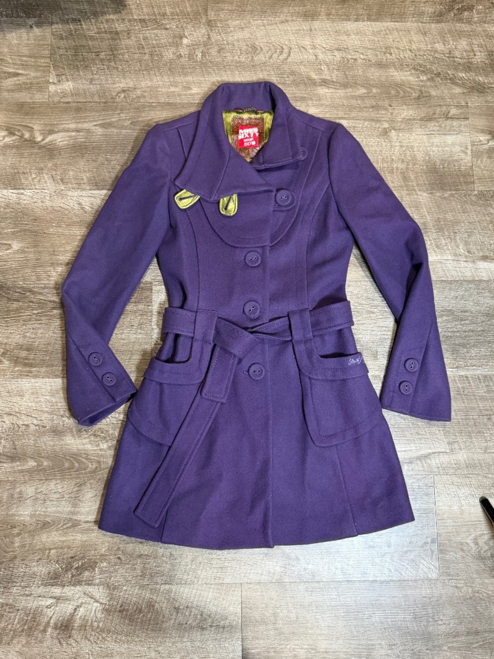 VTG Miss Sixty Purple Wool 3/4 Long Coat W\Belt SZ Small